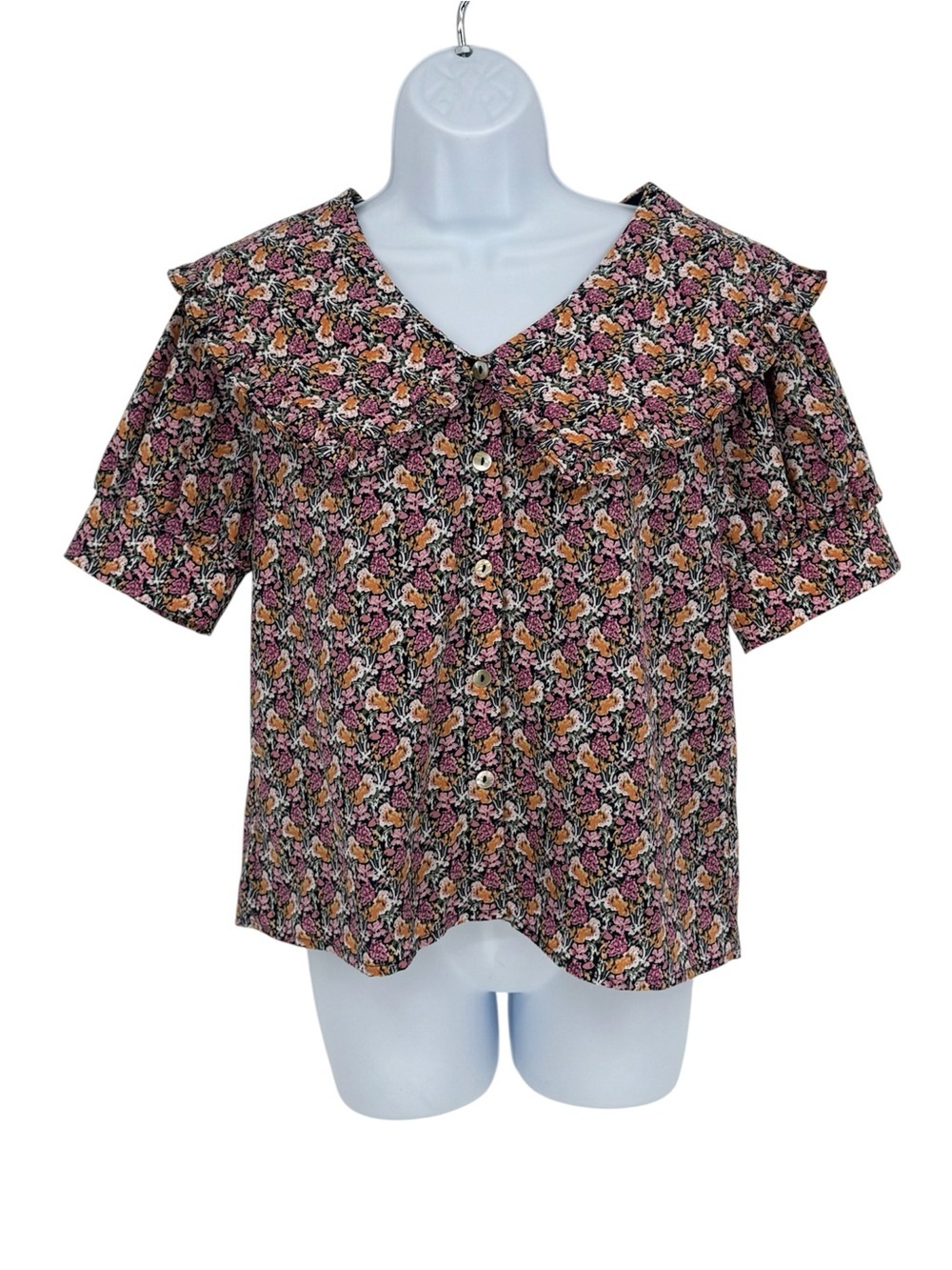NWT Roolee Dainty Floral Ruffle Peter Pan Collar Button V-Neck Puff Blouse Small